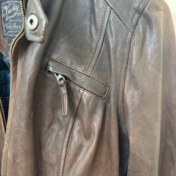 Vintage Lucky Brand Womens Distressed Brown Real  Leather Moto Jacket Medium - Picture 8 of 14